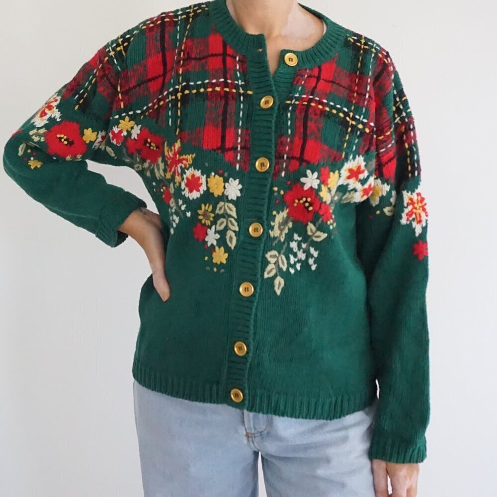 Vintage Pendleton Green Plaid Floral Knit Cotton Preppy Cardigan Grandmacore M
